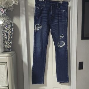 Hollister Men's Ripped Dark Blue Skinny Jeans